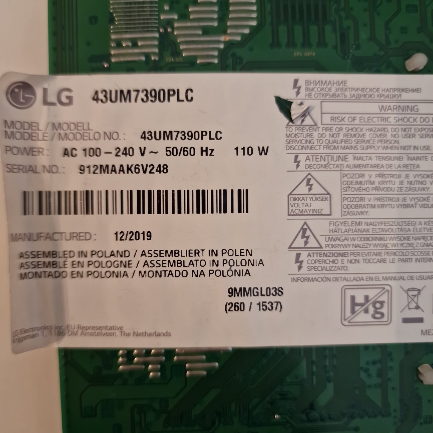 Main board placa principal eax68253605 (1.1) - lg 43um7390plc - PIEZASTV