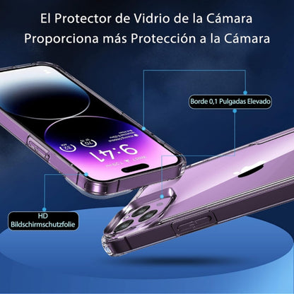 Funda para iPhone 14 Pro con [2 Protectores de Pantalla + 1 Protector de Lente de Cámara] – Carcasa Transparente Antigolpes y Antiarañazos, Diseño Bumper para Máxima Protección, Compatible con iPhone 14 Pro (6.1").