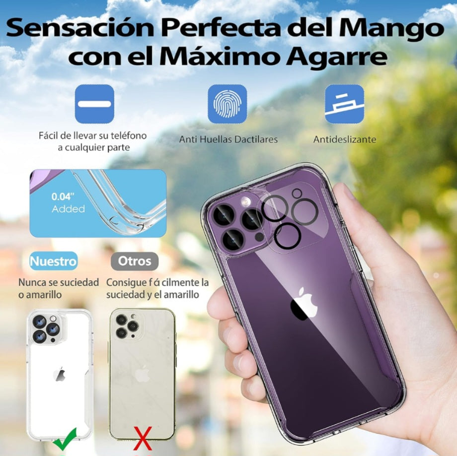Funda para iPhone 14 Pro con [2 Protectores de Pantalla + 1 Protector de Lente de Cámara] – Carcasa Transparente Antigolpes y Antiarañazos, Diseño Bumper para Máxima Protección, Compatible con iPhone 14 Pro (6.1").
